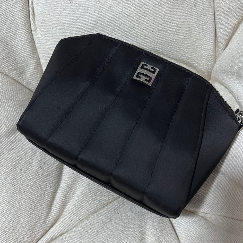 BRAND NEW Givenchy Black Satin Cosmetic Pouch with Silver Logo